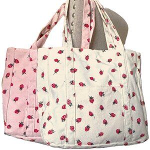 Spacious Cream Corduroy Zipper Tote Bag Strawberries Strawberry Pattern Handbag
